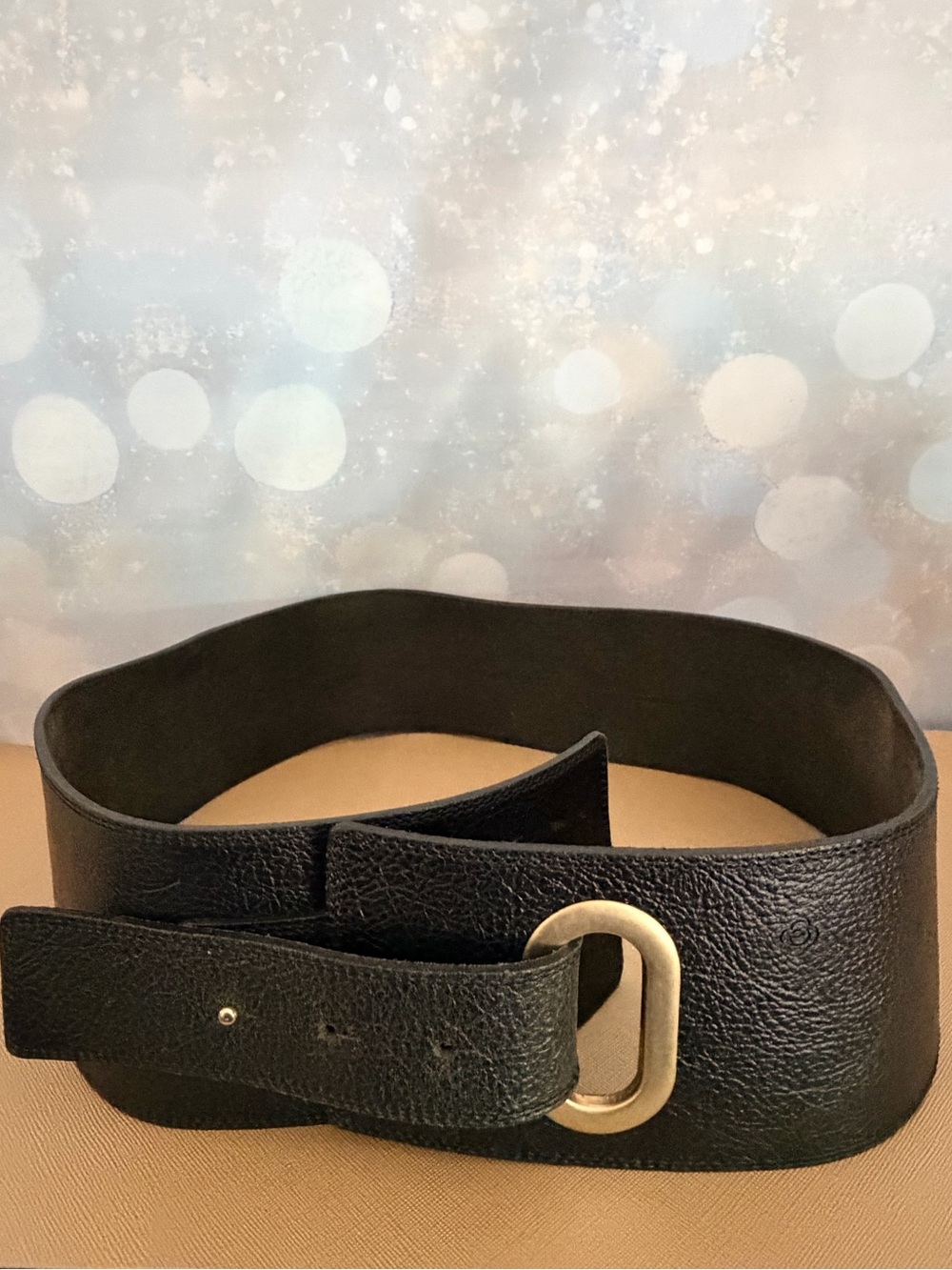 Olsen EuropeWide Black Leather Belt with Oval Gold Accent